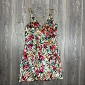 American Eagle Tan Velvet Strappy Mini‎ Dress Floral Print Size S